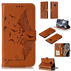 huismerk Feather patroon Litchi textuur horizontale Flip lederen draagtas met portemonnee & houder & kaartsleuven voor Galaxy Note9 (bruin)