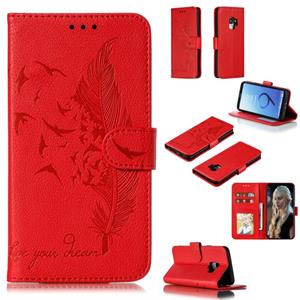 huismerk Feather patroon Litchi textuur horizontale Flip lederen draagtas met portemonnee & houder & kaartsleuven voor Galaxy S9 (rood)