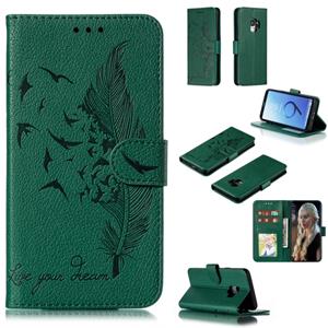 huismerk Feather patroon Litchi textuur horizontale Flip lederen draagtas met portemonnee & houder & kaartsleuven voor Galaxy S9 (groen)