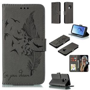 huismerk Feather patroon Litchi textuur horizontale Flip lederen draagtas met portemonnee & houder & kaartsleuven voor Galaxy S9 (grijs)