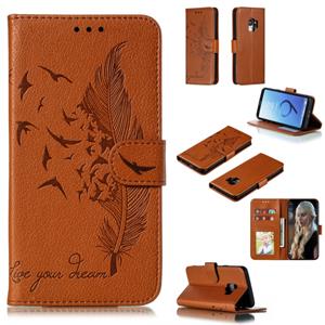 huismerk Feather patroon Litchi textuur horizontale Flip lederen draagtas met portemonnee & houder & kaartsleuven voor Galaxy S9 (bruin)