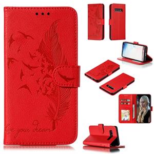 huismerk Feather patroon Litchi textuur horizontale Flip lederen draagtas met portemonnee & houder & kaartsleuven voor Galaxy S10 (rood)