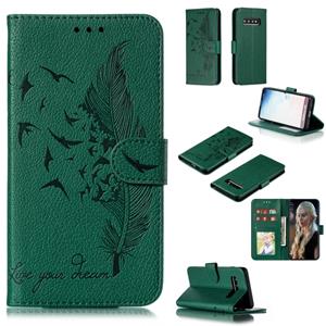 huismerk Feather patroon Litchi textuur horizontale Flip lederen draagtas met portemonnee & houder & kaartsleuven voor Galaxy S10 (groen)