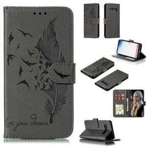 huismerk Feather patroon Litchi textuur horizontale Flip lederen draagtas met portemonnee & houder & kaartsleuven voor Galaxy S10 (grijs)