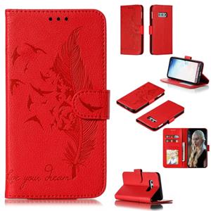 Huismerk Feather patroon Litchi textuur horizontale Flip lederen draagtas met portemonnee & houder & kaartsleuven voor Galaxy S10e (rood)
