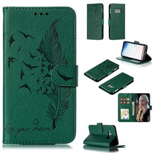 huismerk Feather patroon Litchi textuur horizontale Flip lederen draagtas met portemonnee & houder & kaartsleuven voor Galaxy S10e (groen)