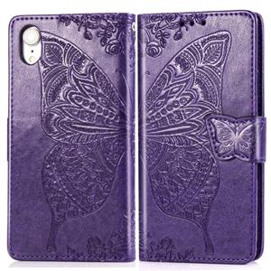 huismerk Butterfly Love bloemen reliëf horizontale Flip lederen case voor iPhone XR met houder & kaartsleuven & portemonnee & Lanyard (donker paars)