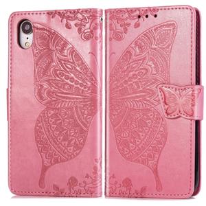 huismerk Vlinder liefde bloemen reliëf horizontale Flip lederen case voor de iPhone XR met houder & card slots & portemonnee & Lanyard (roze)