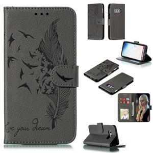 huismerk Feather patroon Litchi textuur horizontale Flip lederen draagtas met portemonnee & houder & kaartsleuven voor Galaxy S10e (grijs)