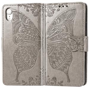 huismerk Butterfly Love bloemen reliëf horizontale Flip lederen case voor iPhone XR met houder & kaartsleuven & portemonnee & Lanyard (grijs)