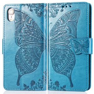 huismerk Butterfly Love bloemen reliëf horizontale Flip lederen case voor iPhone XR met houder & kaartsleuven & portemonnee & Lanyard (blauw)