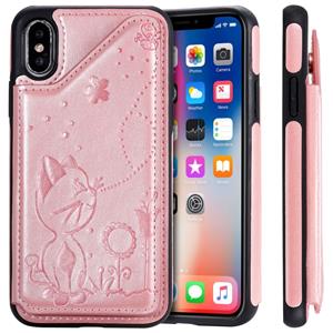 huismerk Voor iPhone X kat Bee reliëf patroon schokbestendige beschermende case met kaartsleuven & fotolijstjes (Rose goud)