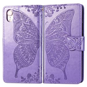 huismerk Butterfly Love bloemen reliëf horizontale Flip lederen case voor iPhone XR met houder & kaartsleuven & portemonnee & Lanyard (licht paars)