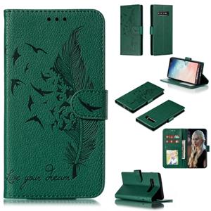 huismerk Feather patroon Litchi textuur horizontale Flip lederen draagtas met portemonnee & houder & kaartsleuven voor Galaxy S10 PLUS (groen)