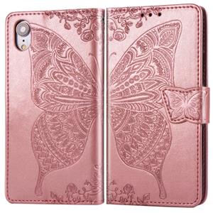 huismerk Butterfly Love bloemen reliëf horizontale Flip lederen case voor iPhone XR met houder & kaartsleuven & portemonnee & Lanyard (Rose goud)