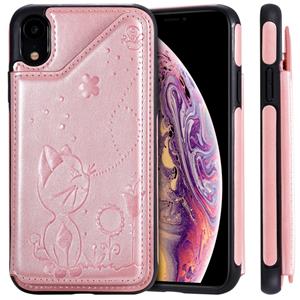 huismerk Voor iPhone XR kat Bee reliëf patroon schokbestendige beschermende case met kaartsleuven & fotolijstjes (Rose goud)