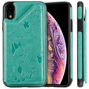 huismerk Voor iPhone XR kat Bee reliëf patroon schokbestendige beschermende case met kaartsleuven & fotolijstjes (groen)