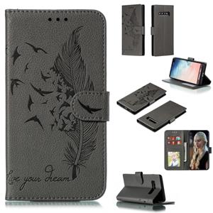 huismerk Feather patroon Litchi textuur horizontale Flip lederen draagtas met portemonnee & houder & kaartsleuven voor Galaxy S10 PLUS (grijs)