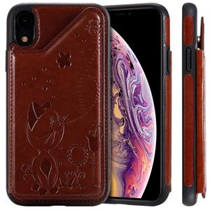 huismerk Voor iPhone XR kat Bee reliëf patroon schokbestendige beschermende case met kaartsleuven & fotolijstjes (bruin)