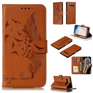 huismerk Feather patroon Litchi textuur horizontale Flip lederen draagtas met portemonnee & houder & kaartsleuven voor Galaxy S10 PLUS (Brown)