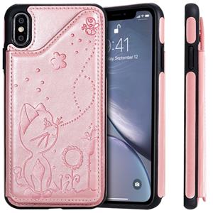 huismerk Voor iPhone XS Max kat Bee reliëf patroon schokbestendige beschermende case met kaartsleuven & fotolijstjes (Rose goud)