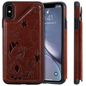 huismerk Voor iPhone XS Max kat Bee reliëf patroon schokbestendige beschermhoes met kaartsleuven & fotolijstjes (bruin)