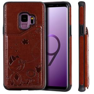 huismerk Voor Galaxy S9 kat Bee reliëf patroon schokbestendige beschermende case met kaartsleuven & fotolijstjes (bruin)