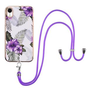 huismerk Electroplating Pattern IMD TPU Shockproof Case met Neck Lanyard voor iPhone XR (Purple Flower)