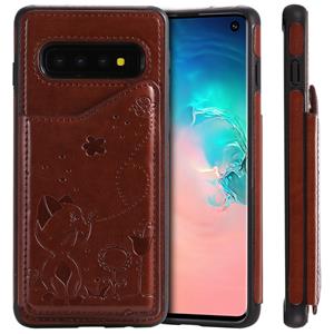 huismerk Voor Galaxy S10 kat Bee reliëf patroon schokbestendige beschermende case met kaartsleuven & fotolijstjes (bruin)