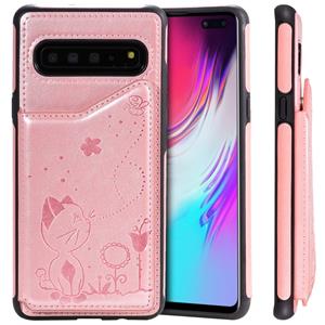 huismerk Voor Galaxy S10 5G kat Bee reliëf patroon schokbestendige beschermende case met kaartsleuven & fotolijstjes (Rose goud)