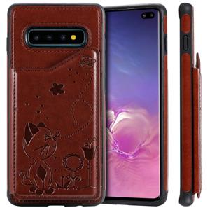 huismerk Voor Galaxy S10 plus Kat Bee reliëf patroon schokbestendige beschermende case met kaartsleuven & fotolijstjes (bruin)