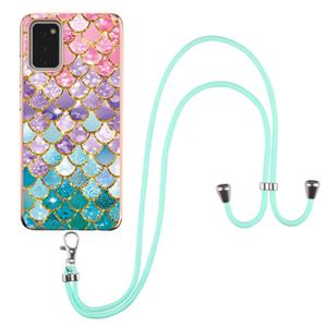 huismerk Voor Samsung Galaxy A02S EU-versie Electroplating Pattern IMD TPU Schokbestendig Case met Neck Lanyard (kleurrijke schubben)