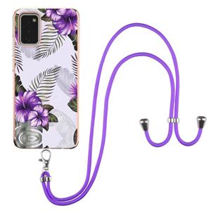 huismerk Voor Samsung Galaxy A02S EU-versie Electroplating Pattern IMD TPU Schokdichte Case met Neck Lanyard (Purple Flower)