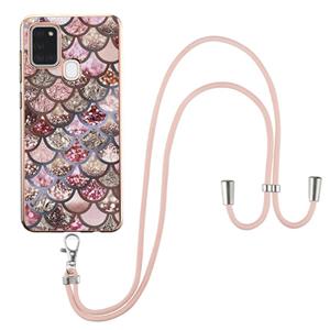 huismerk Voor Samsung Galaxy A21S Electroplating Pattern IMD TPU Shockproof Case met neklanyard (roze schubben)