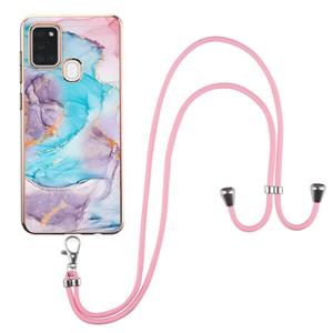 huismerk Voor Samsung Galaxy A21S Electroplating Pattern IMD TPU Shockproof Case met Neck Lanyard (Milky Way White Marble)