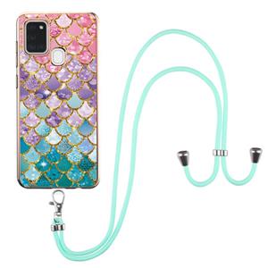 huismerk Voor Samsung Galaxy A21S Electroplating Pattern IMD TPU Shockproof Case met Neck Lanyard (Milky Way Blue Marble)