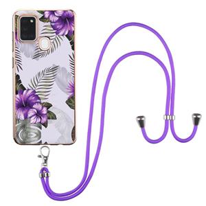 huismerk Voor Samsung Galaxy A21S Electroplating Pattern IMD TPU Shockproof Case met Neck Lanyard (Purple Flower)