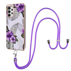 huismerk Voor Samsung Galaxy A32 5G Electroplating Pattern IMD TPU Shockproof Case met Neck Lanyard (Purple Flower)