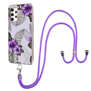 huismerk Voor Samsung Galaxy A32 4G EU-versie Electroplating Pattern IMD TPU Shockproof Case met Neck Lanyard (Purple Flower)