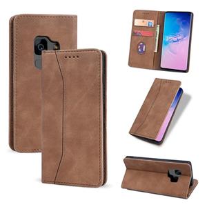 huismerk Voor Samsung Galaxy S9 Skin-Feel Calfskin Texture Magnetische Dual-Fold Horizontale Flip Leren Case Met Houder & Card Slots & Portemonnee (Bruin)