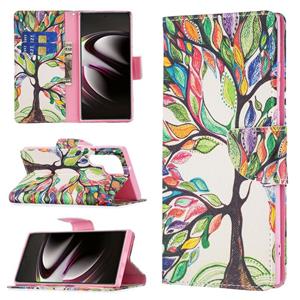 huismerk Voor Samsung Galaxy S22 Ultra 5G Gekleurde Tekening Patroon Horizontale Flip Telefoon Lederen Case met Houder & Card Slots & Portemonnee (Tree Life)