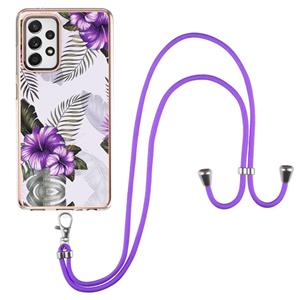 huismerk Voor Samsung Galaxy A52 5G / 4G Electroplating Pattern IMD TPU Shockproof Case met Neck Lanyard (Purple Flower)