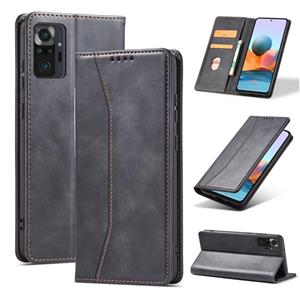 huismerk Voor Xiaomi Redmi Note 10 4G skin-feel kalfshuid textuur magnetische dual-fold horizontale flip lederen geval met houder en kaart slots &portemonnee (