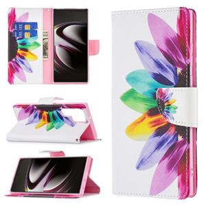 huismerk Voor Samsung Galaxy S22 Ultra 5G Gekleurde Tekening Patroon Horizontale Flip Telefoon Lederen Case met Houder & Kaart Slots & Portemonnee (Sun Flower)