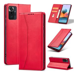 huismerk Voor Xiaomi Redmi Note 10 4G Skin-Feel Calfskin Texture Magnetische Dual-Fold Horizontale Flip Lederen Case met Houder & Card Slots & Portemonnee