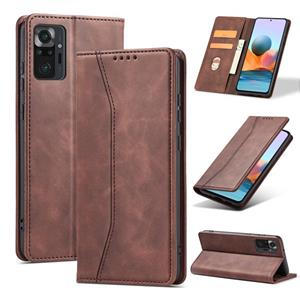 huismerk Voor Xiaomi Redmi Note 10 4G Skin-Feel Calfskin Texture Magnetische Dual-Fold Horizontale Flip Leren Case met Houder & Card Slots & Portemonnee (Koffi