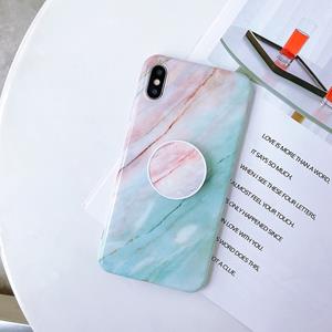 huismerk Marmer anti-drop TPU bescherming achtercover voor iPhone XS Max met opvouwbare houder (poeder blauw)