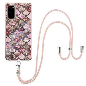 huismerk Voor Samsung Galaxy S20 Electroplating Pattern IMD TPU Shockproof Case met neklanyard (roze schubben)