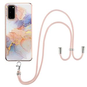 huismerk Voor Samsung Galaxy S20 Electroplating Pattern IMD TPU Shockproof Case met Neck Lanyard (Milky Way White Marble)