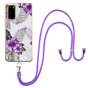 huismerk Voor Samsung Galaxy S20 Electroplating Pattern IMD TPU Shockproof Case met neksleutel (paarse bloem)